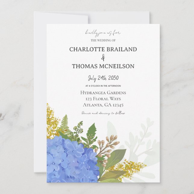 Invitation Blue Hydrangea Moderne Artiste Floral Mariage (Devant)