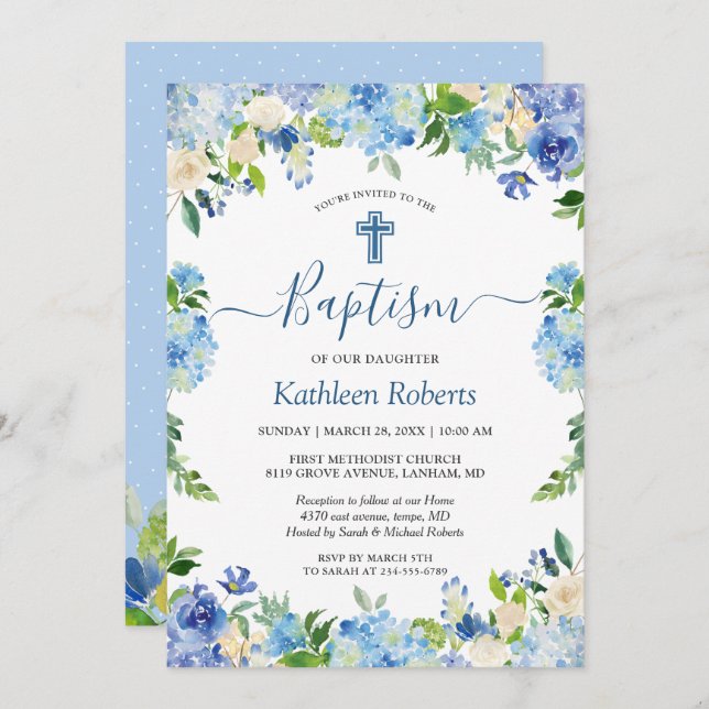 Invitation Blue Hydrangea Pastel Floral Baptême Christening (Devant / Derrière)