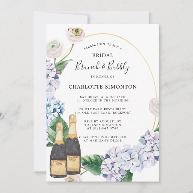Invitation Blue Hydrangea Rose blanche Brunch Floral Bubbly (Devant)