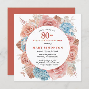 Invitation Blue Hydrangea Rose Rose Floral 80e anniversaire