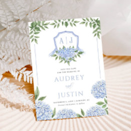 Invitation Blue Hydrangea Watercolor Crest Enregistrer la dat