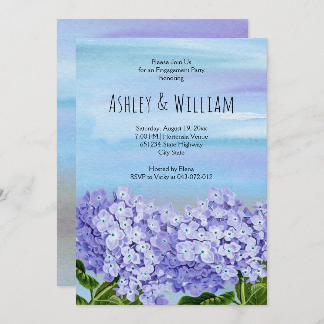 Invitation Blue hydrangea watercolor mariage fiançailles (Devant / Derrière)