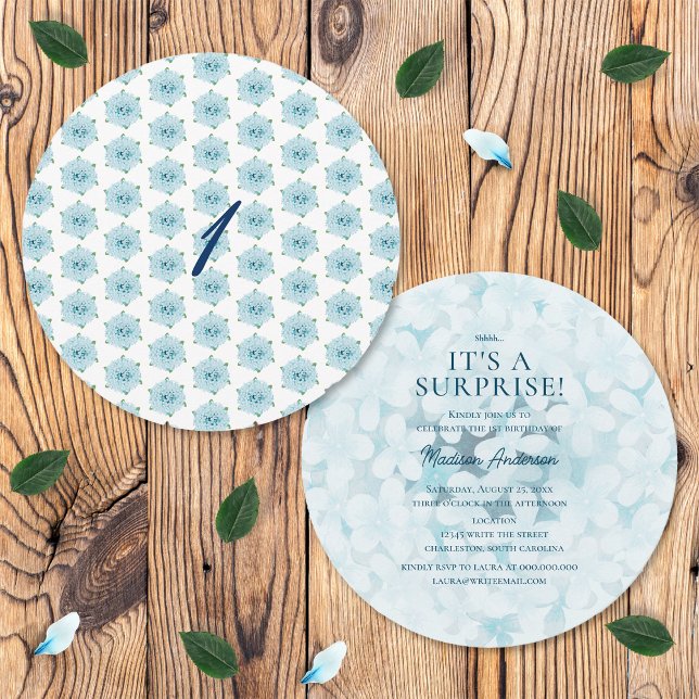 Invitation Blue Hydrangeas 1ère fête d'anniversaire surprise (Front and Back)