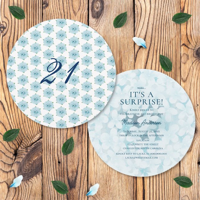 Invitation Blue Hydrangeas 21e fête d'anniversaire surprise (Front and Back)
