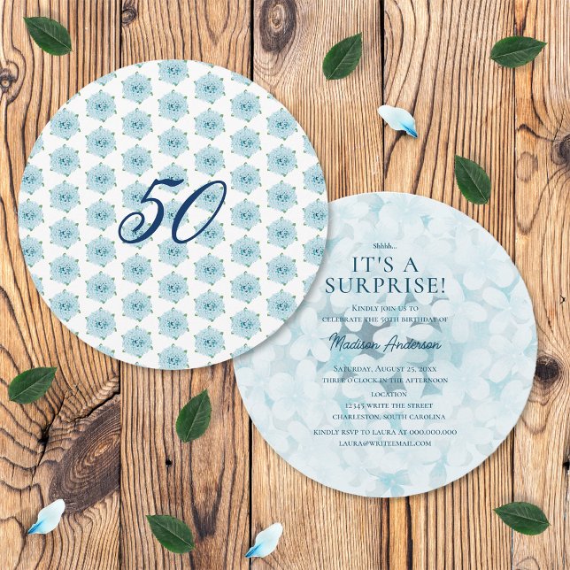 Invitation Blue Hydrangeas 50e fête d'anniversaire surprise (Front and Back)