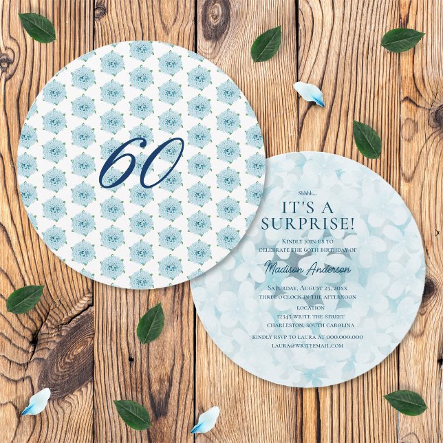 Invitation Blue Hydrangeas 60e fête d'anniversaire surprise (Front and Back)