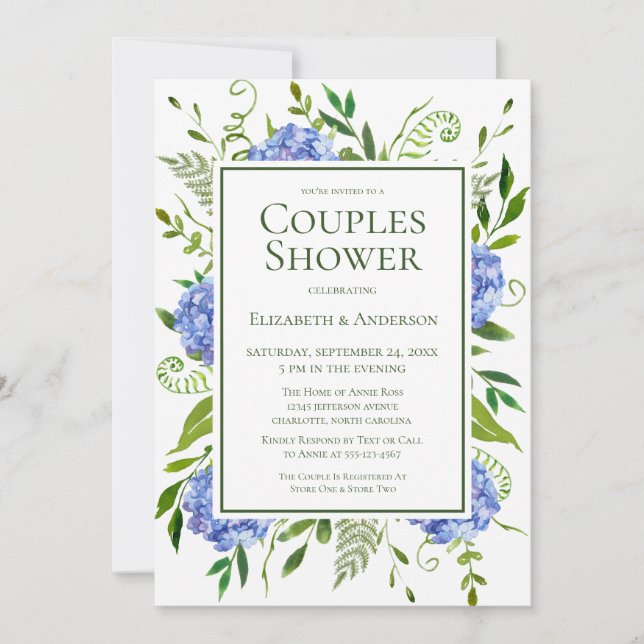 Invitation Blue Hydrangeas Couples Douche (Devant)