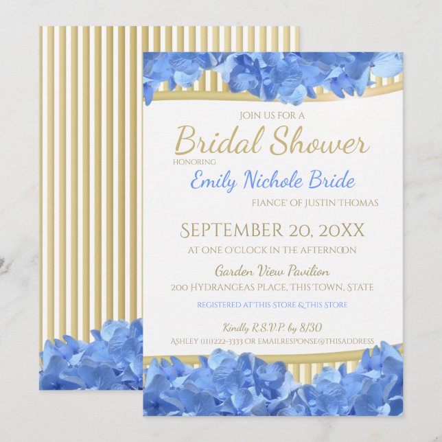Invitation Blue Hydrangeas et Gold Stripes Fête des mariées (Devant / Derrière)