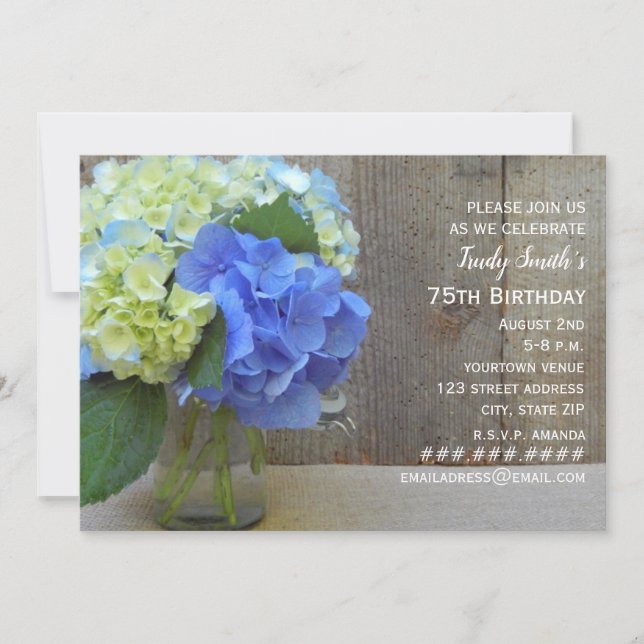 Invitation Blue Hydrangeas fête d'anniversaire (Devant)