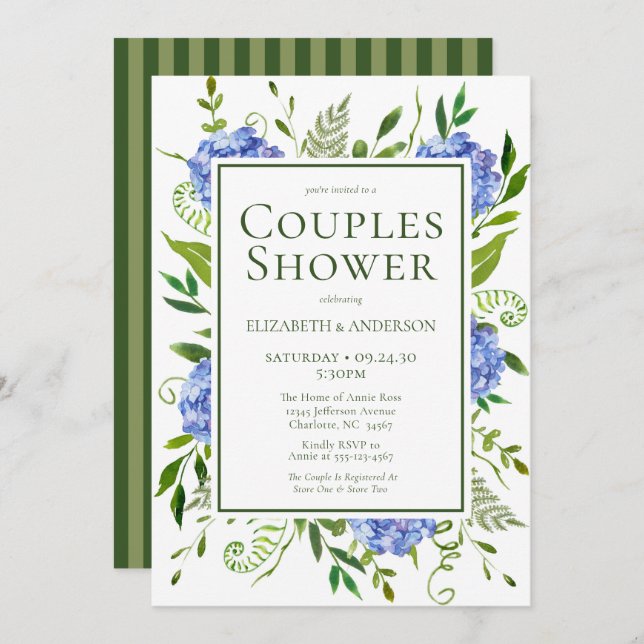 Invitation Blue Hydrangeas Floral Aquarelle Couples Douche (Devant / Derrière)