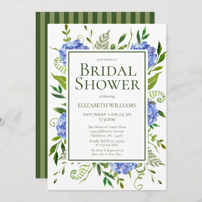 Invitation Blue Hydrangeas Floral Aquarelle Fête des mariées (Devant / Derrière)