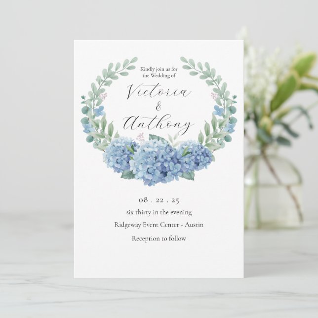 Invitation Blue Hydrangeas Floral Mariage élégant (Debout devant)
