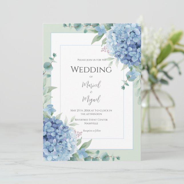 Invitation Blue Hydrangeas Floral Photo Elegant Wedding (Debout devant)