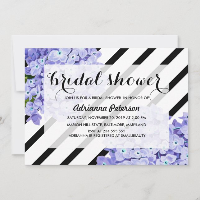 Invitation Blue Hydrangeas Floral Stripes Fête des mariées (Devant)