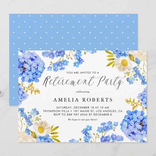 Invitation Blue Hydrangeas Floral Winter Retirement Party (Devant / Derrière)