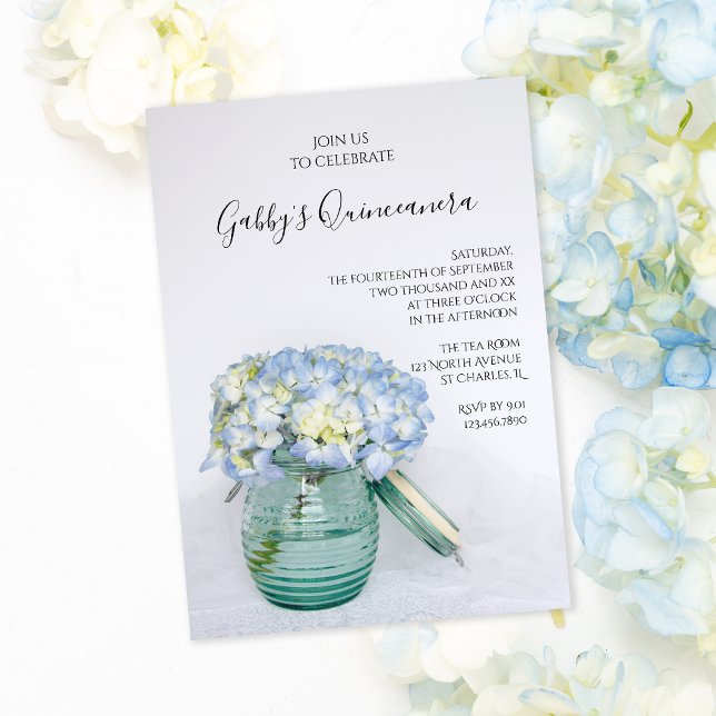 Invitation Blue Hydrangeas in Jar Vase Quinceanera Party (Créateur téléchargé)
