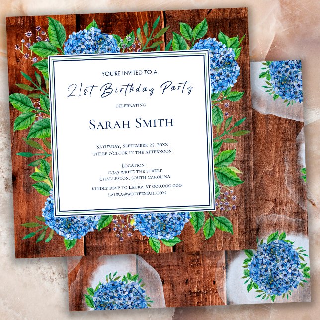 Invitation Blue Hydrangeas Rustic Wood 21e fête d'anniversair (Créateur téléchargé)