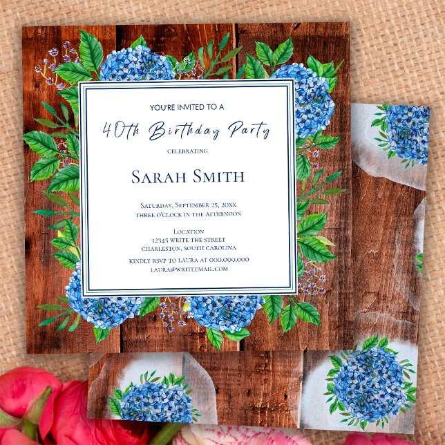 Invitation Blue Hydrangeas Rustic Wood 40e fête d'anniversair (Créateur téléchargé)