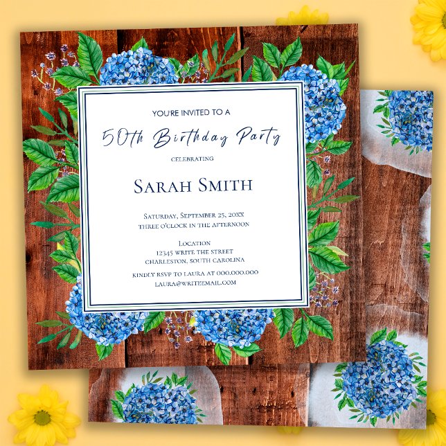 Invitation Blue Hydrangeas Rustic Wood 50e fête d'anniversair (Créateur téléchargé)