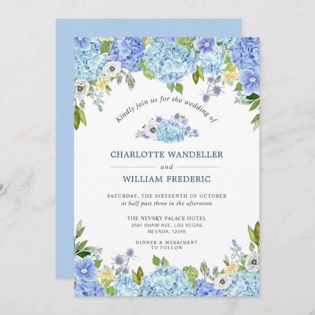 Invitation Blue Hydrangeas Verdure Mariage aquarelle (Devant / Derrière)