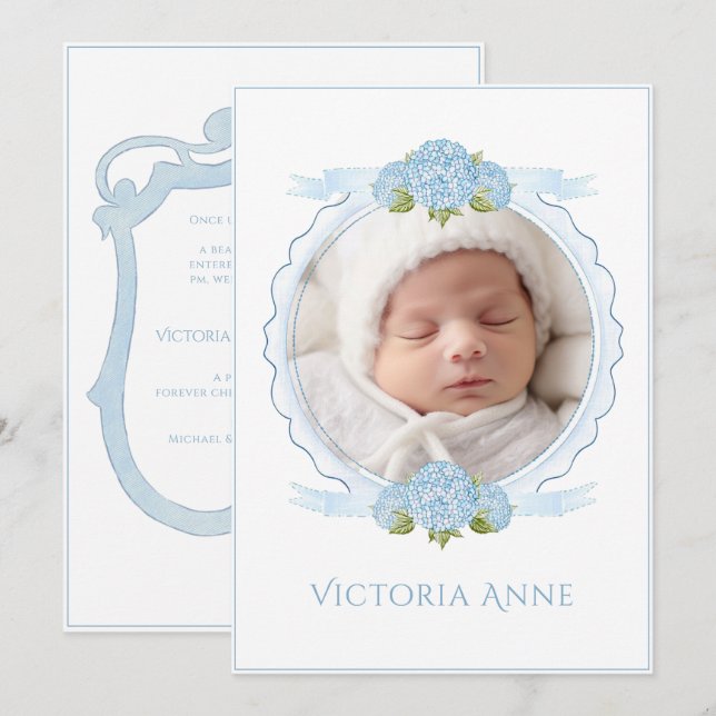 Invitation Blue Hydrangeas Vintage Birth Announcement (Devant / Derrière)