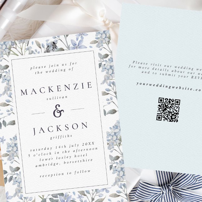 Invitation Blue Hydrangeas Watercolor Mariage QR Code (Créateur téléchargé)