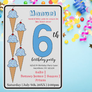Invitation Blue Ice Cream Cones 6e anniversaire fête Enfants