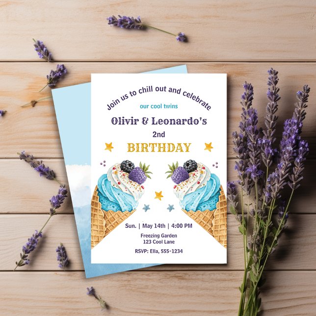 Invitation Blue Ice Cream Scoops Pour Deux Garçons Anniversai (Créateur téléchargé)
