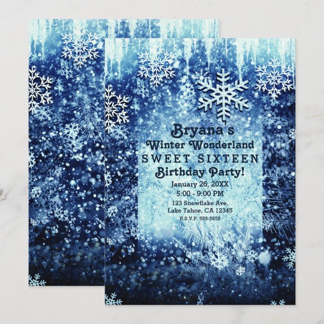 Invitation Blue Icy Snowy Winter Wonderland Sweet 16 Party (Devant / Derrière)