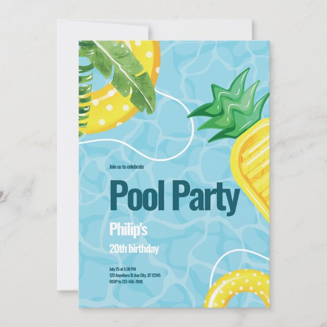 Invitation Blue Illustration Pool fête d'anniversaire (Devant)