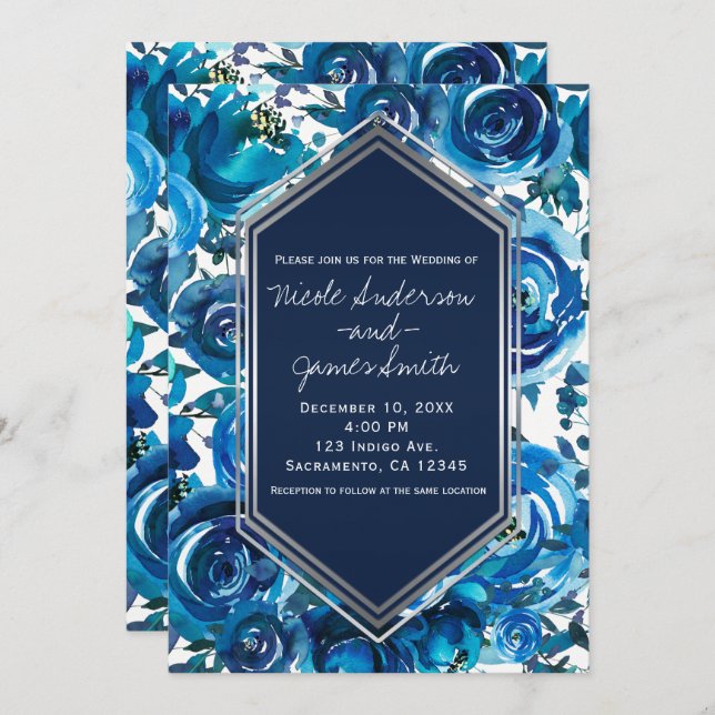 Invitation Blue Indigo Floral Flowers Élégant Mariage chic (Devant / Derrière)