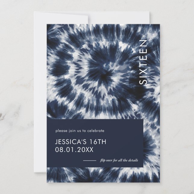 Invitation Blue Indigo Shibori Tie Dye Sweet 16 (Devant)