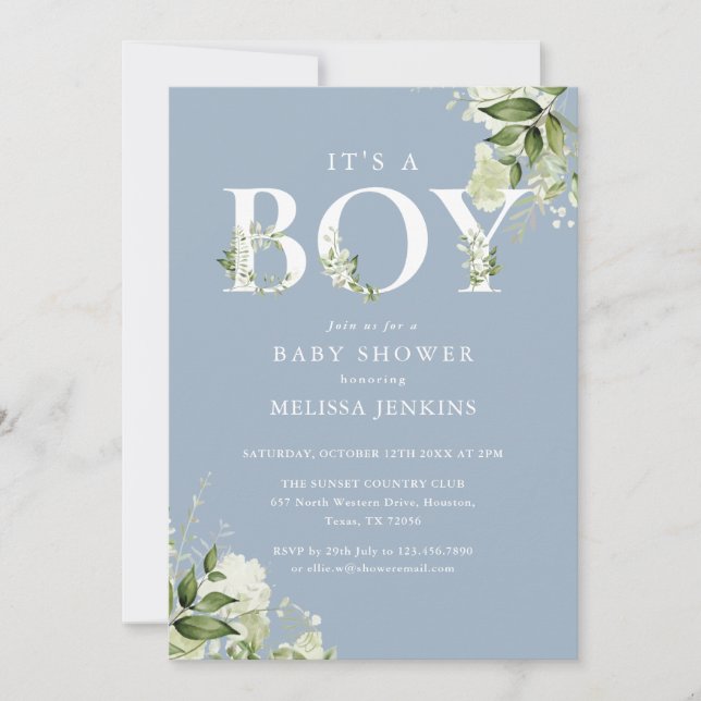 Invitation Blue Its A Boy Greenery All In One Baby Shower (Devant)