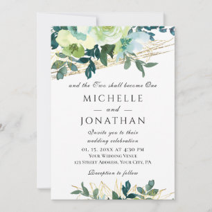 Invitation Blue Ivory Gold Floral Greenery Mariage chrétien