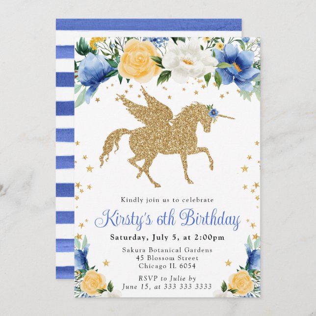 Invitation Blue Jaune Floral Or Unicorne Anniversaire (Devant / Derrière)
