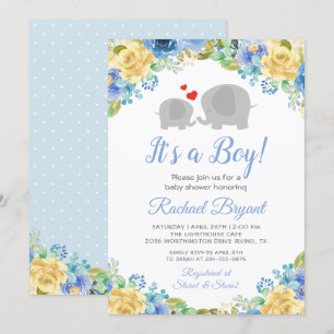 Invitation Blue Jaune Floral Roses Garçon Elephant Baby showe