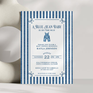 Invitation Blue Jean Baby Shower Dark Coastal Stripe Bows