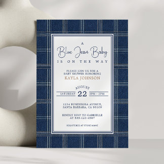 Invitation Blue Jean Baby Shower Preppy Plaid Script
