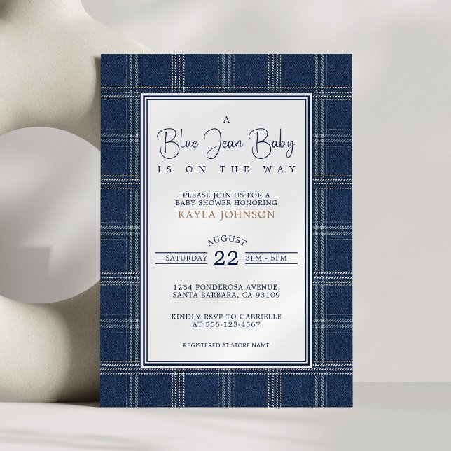Invitation Blue Jean Baby Shower Preppy Plaid Script (Créateur téléchargé)