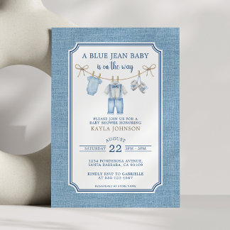 Invitation Blue Jean Baby Shower Watercolor Clothesline
