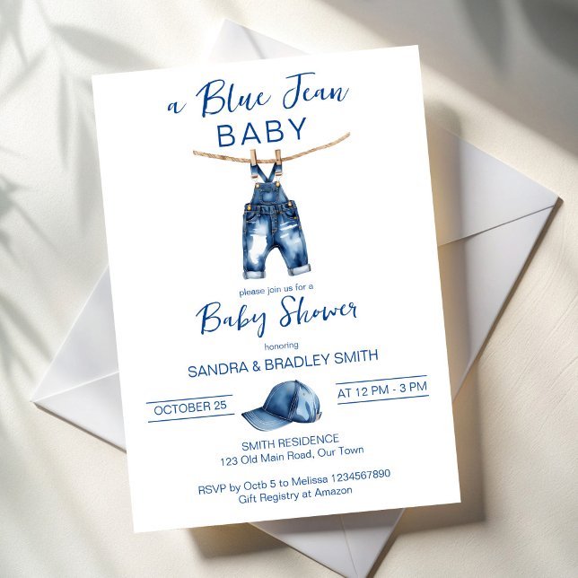 Invitation Blue jean C'est un baby shower garçon (Blue jean It's a boy baby shower Invitation cards template minimalist denim baby shower invites)