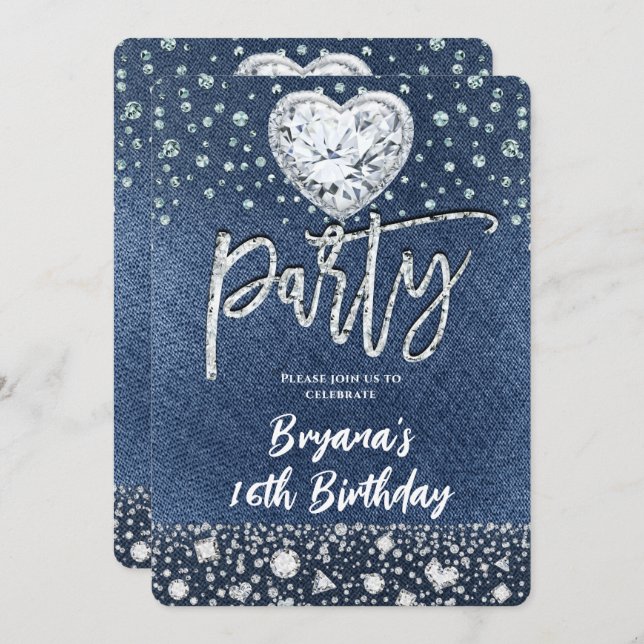 Invitation Blue Jean Denim & Bling Diamonds Anniversaire (Devant / Derrière)