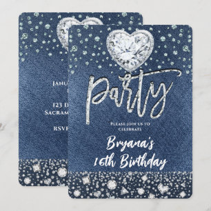 Invitation Blue Jean Denim & Bling Diamonds Anniversaire