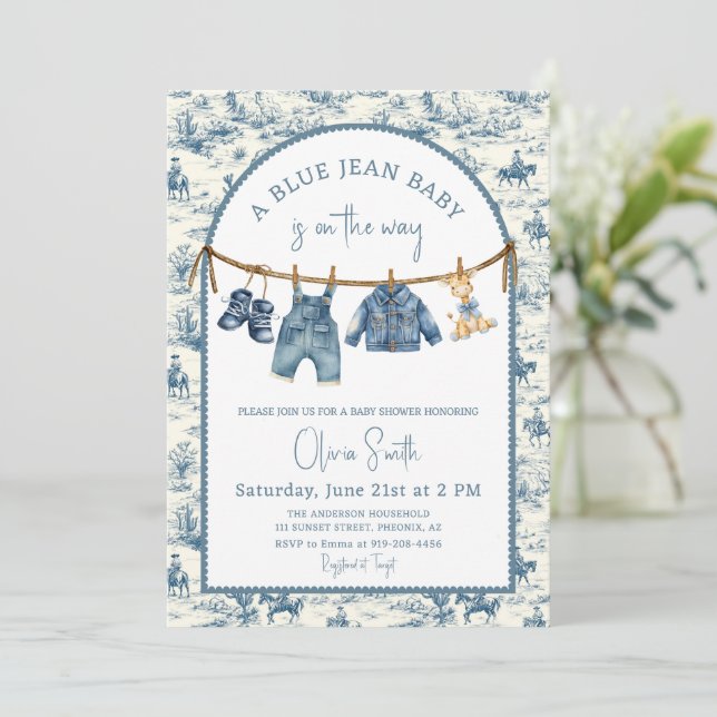 Invitation Blue Jean Denim Boy Baby Shower (Debout devant)