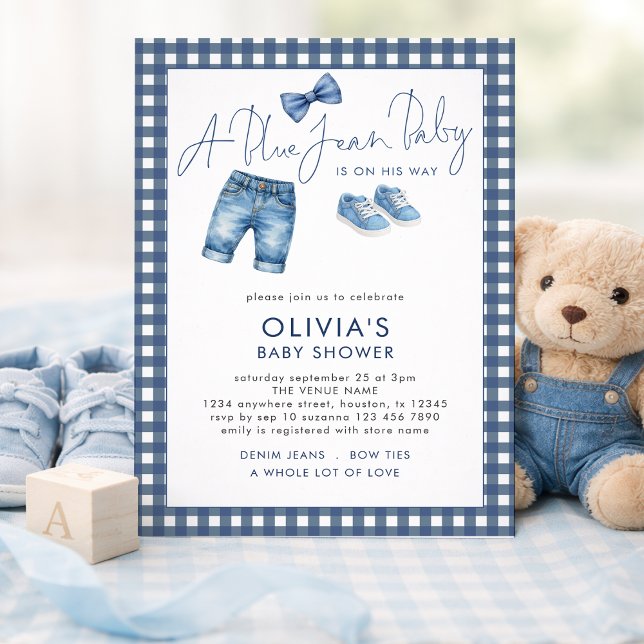 Invitation Blue Jean Denim Boy Gingham Baby Shower  (Créateur téléchargé)