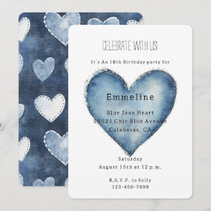 Invitation Blue Jean Denim Coeur Anniversaire