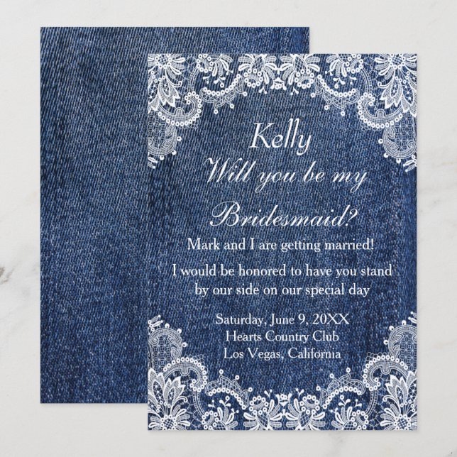 Invitation Blue Jean Denim Et Lace Bridesmaid (Devant / Derrière)
