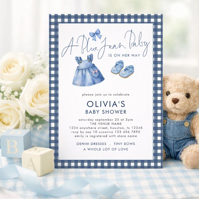 Invitation Blue Jean Denim Girl Gingham Baby Shower  (Créateur téléchargé)