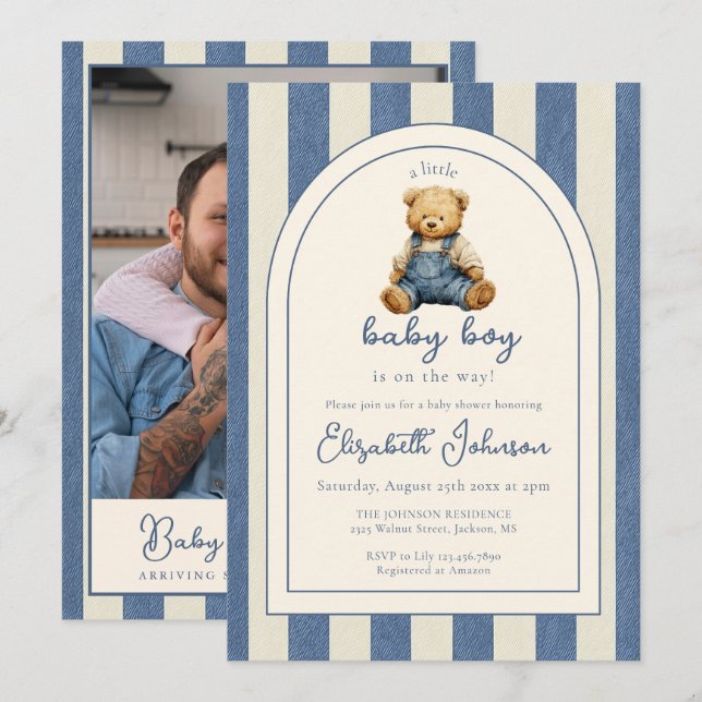 Invitation Blue Jean Teddy Bear Photo QR Code Boy Baby Shower (Devant / Derrière)