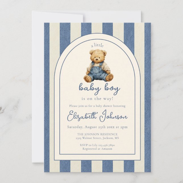 Invitation Blue Jean Teddy Bear QR Code Boy Baby Shower (Devant)